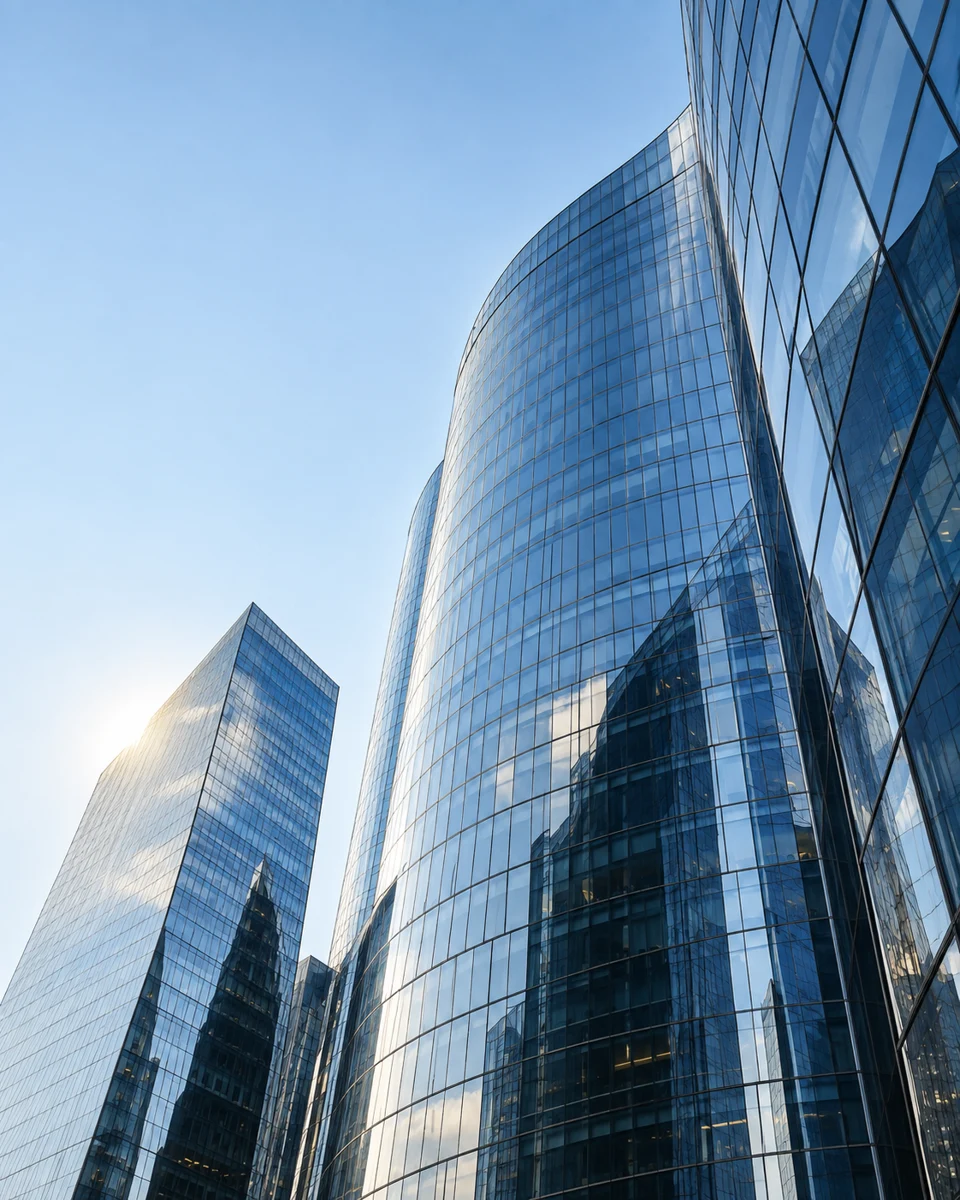 Contemporary glass architecture rising into a clear blue sky